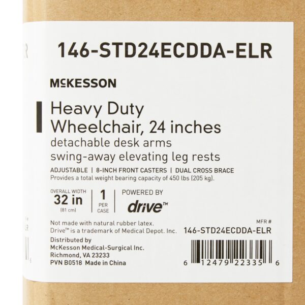 Bariatric Wheelchair McKesson Dual Axle Desk Length Arm Swing-Away Elevating Legrest Black Upholstery 24 Inch Seat Width Adult 450 lbs. Weight Capacity